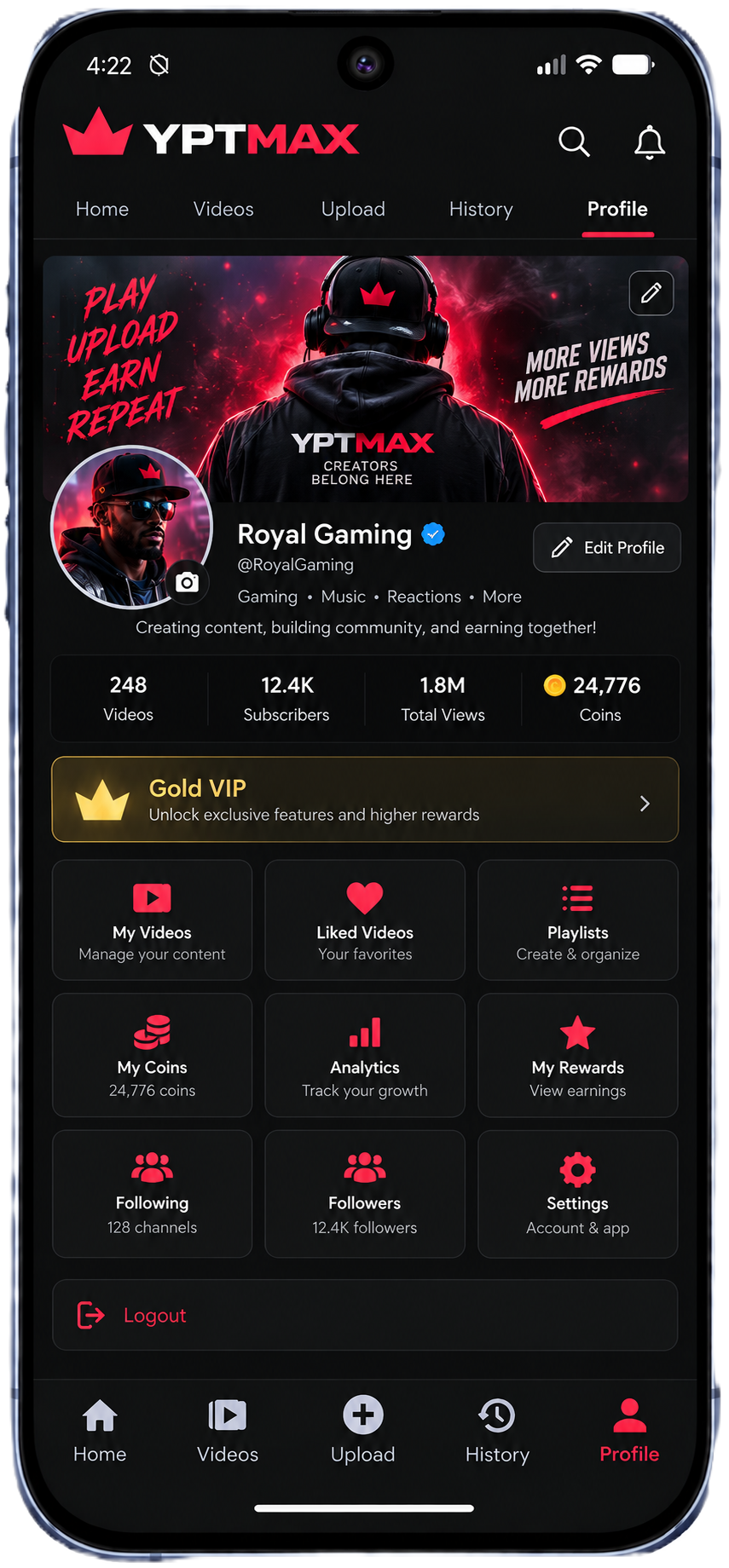 YTPMax Profile screen